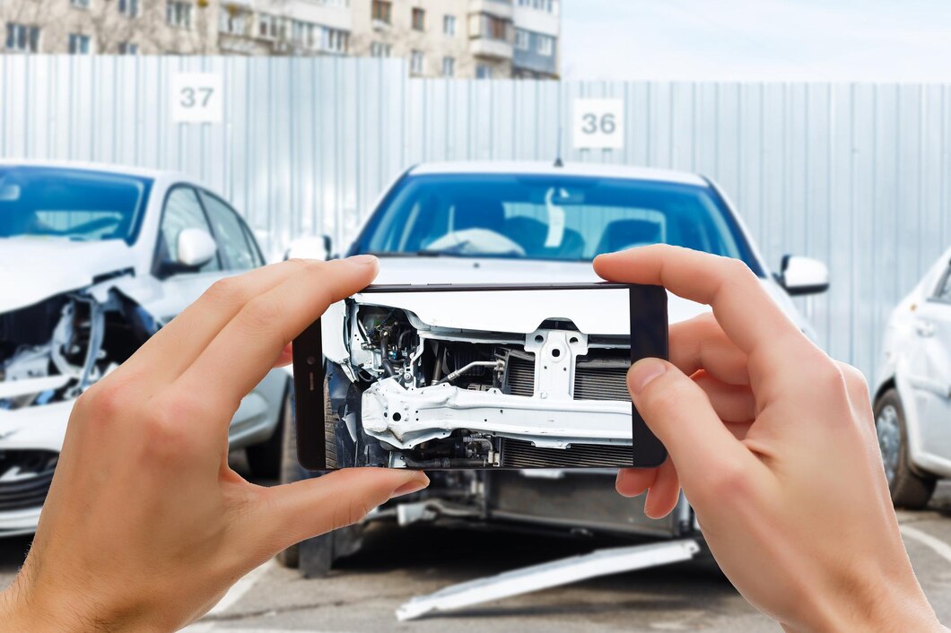 Hands holding a phone, taking a photo of a white car that has been badly damaged on the front.