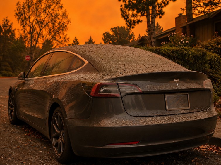 Ash covered gray Tesla parked on a leaf strewn street under an orange wildfire sky, with trees and homes in the background.