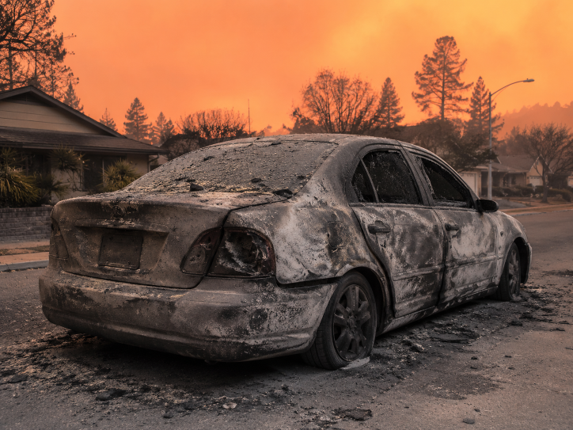 Burned sedan with dents, scratches, and coated with ash, on a smoky residential street beneath an orange wildfire sky.